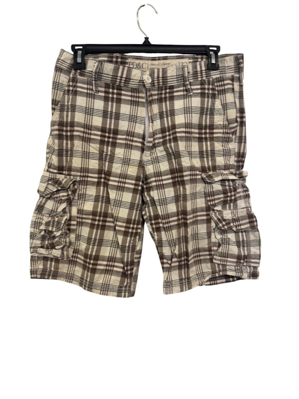 PD&C Mens Brown & White Plaid Cargo Shorts Size 32 100% Cotton